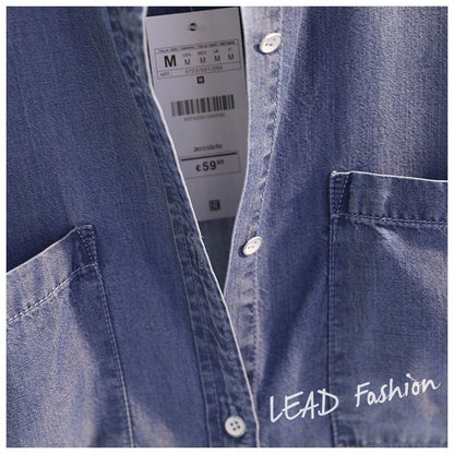 Fashion Women's Clothing Shirt Medium Long Containing Cotton Shirt Loose Fit Long Sleeve Double Pocket Rolled Sleeve Thin Blouse