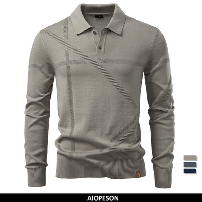 New Autumn Winter Thermal Comfort Mens Polo Shirt For Solid Stripe Long Sleeve Slim Fit Warm Social Casual Sweater for Men