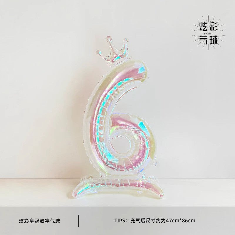 32Inch Transparent Colorful Crown Digital Aluminum Film Balloon with Base Happy Birthday Party Decor Kids Adults Baby Showers