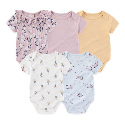 Unisex Bodysuits 4/5PCS Cotton Newborn Baby Girl Clothes Set Short Sleeve Print Baby Boy Clothes Summer Solid Color Bebes