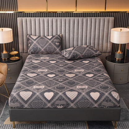 Love Theme Printed Brushed Queen Size Fitted sheet And Pillowcases Set Skin-friendly Bed Cover with Pillowcases For All Seasons