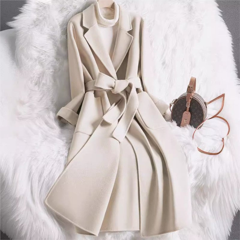 Novo estilo de casaco feminino de lã bege slim fit para outono e inverno, moda japonesa e coreana