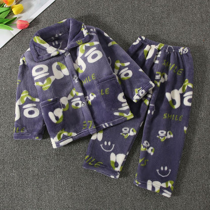 High Quality Coral Fleece Flannel Cute Cartoon Pattern Pajama Sets Boys and Girls Long Sleeve Warm Comfortable Winter Sleepwear