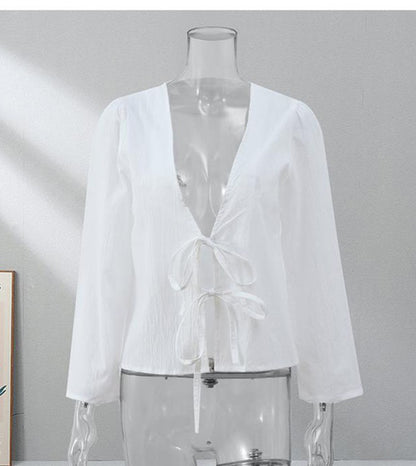 C.NEW S 2024 Spring New Female Street Tops Green Linen Lace Up Long Sleeve For Women Fashion Chic Casual Loose V Neck Shirt