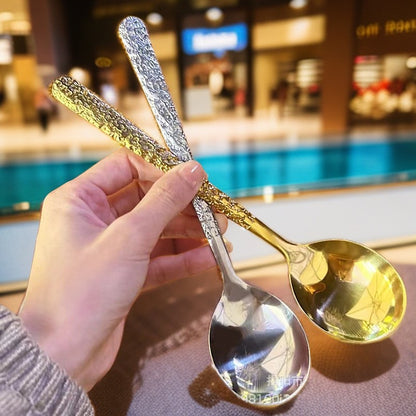 Glacier patterned stainless steel hammer patterned spoon, long handled household dining fork set dinner sets faqueiro