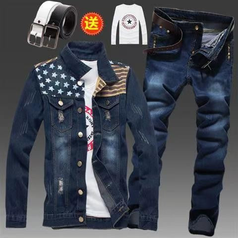 Men's Slim Fit Denim Jacket Pants 2pcs Set Long Sleeve Coats Letters Printed Casual Large Size Black White Red Boys Trousers