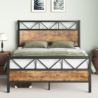Estrutura de Cama Queen Size, Cabeceira Industrial de 130 cm de Altura, Estrutura de Cama Plataforma Queen com Suporte de Sarrafos de Aço Forte, Ruído F