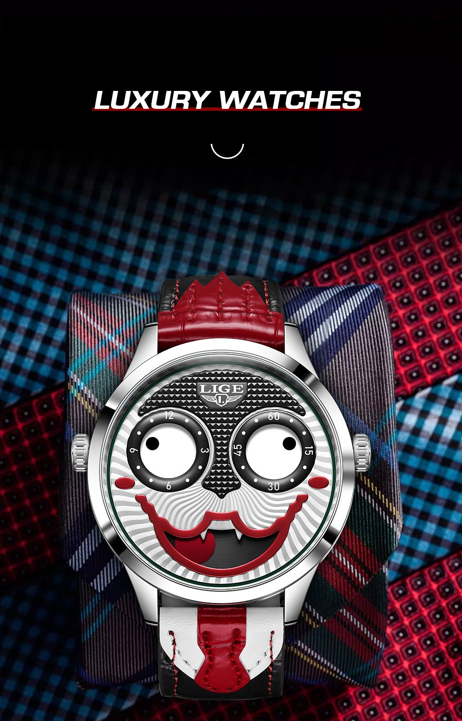 LIGE 2025 Creative Watches For Men Clown Fashion Quartz Wristwatches Waterproof Leather Strap Mens Watch Cool Joker Reloj Hombre