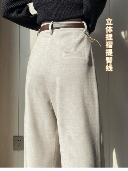 High Quality Woolen Wide Leg Pants Women Streetwear Belt Baggy Black Suit Pants Winter Korean Fashion Casual Straight Trousers