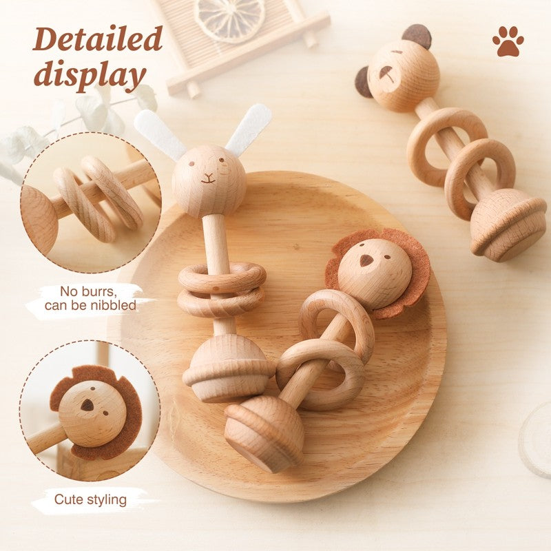 Baby Wooden Montessori Toys Cartoon Animal Rabbit Crocodile Blocks Rattle Puzzle Game Wooden Ring Newborn Rattle Teethering Toys