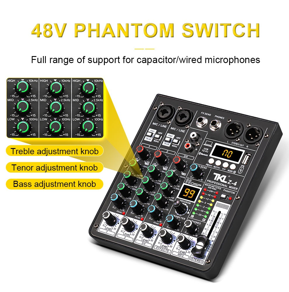 Mesa de áudio TKL 4 canais 99 DSP com alimentação fantasma 48V, mixers de som USB de estúdio, console de mixagem Bluetooth DJ para karaokê