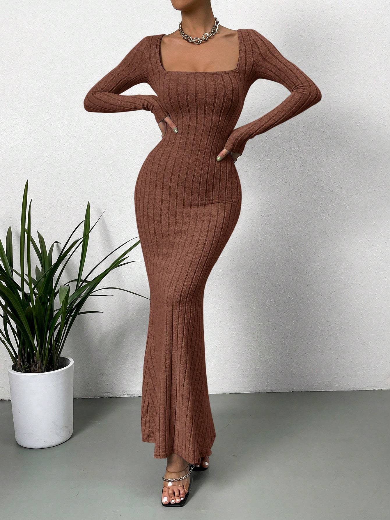 Women's Sexy Square Neck Mid-Length Knitted Dress Slim Fit Retro Long-Sleeved Wrap Hip Robe for Fall