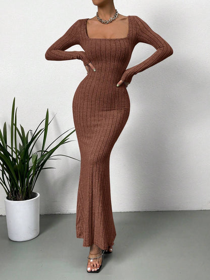 Women's Sexy Square Neck Mid-Length Knitted Dress Slim Fit Retro Long-Sleeved Wrap Hip Robe for Fall