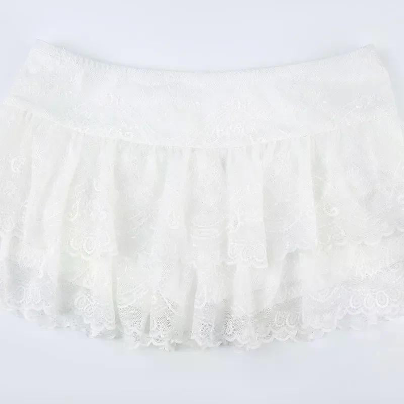 Lace Tulle Skirt A-line Miniskirt Black Solid Low Waist Tiered Lace Shorts Skirts Womens White Fairycore Micro Boho Skirt