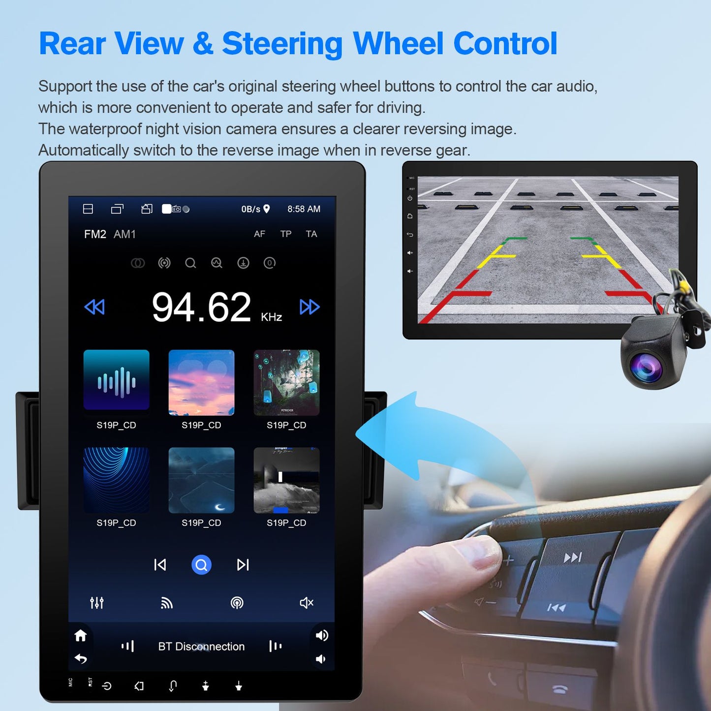 Haudio 10.1" Rádio Automotivo Rotativo de 1 Din, Tela Sensível ao Toque com Carplay e Android Auto Sem Fio/GPS/BT 4.1/Câmera de Ré/FM