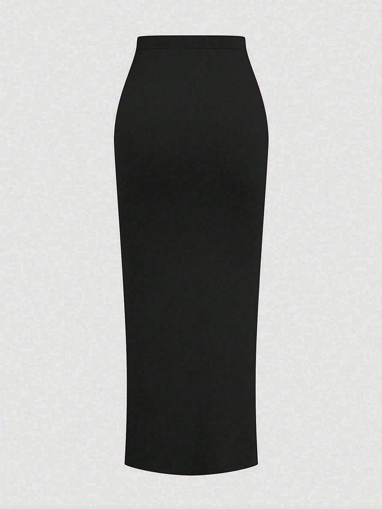 New French High-Waist Retro Knitted Ruched High-Slit Midi Skirt Black Versatile Slim Plus Size Female Clothing Elegant Party