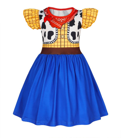 New Western-Style Dress Cartoon Movie Cosplay Dress Milk Silk 3D Digital Print Ruffled Puff Sleeves Summer Halloween Party Set