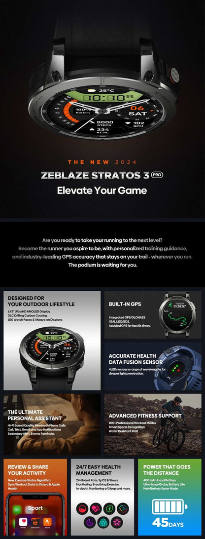 Novo Smartwatch GPS Zeblaze Stratos 3 PRO com Tela AMOLED HD de 1,43”, GPS Integrado, Chamadas Telefônicas Bluetooth, Smartwatch Esportivo para Homens