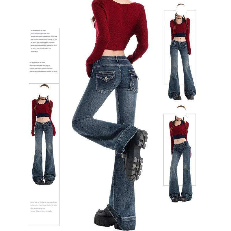 Vintage American-style hot girl low-waisted flare pants micro-flare jeans women's slim-fitting elastic Y2K casual wide-leg jeans