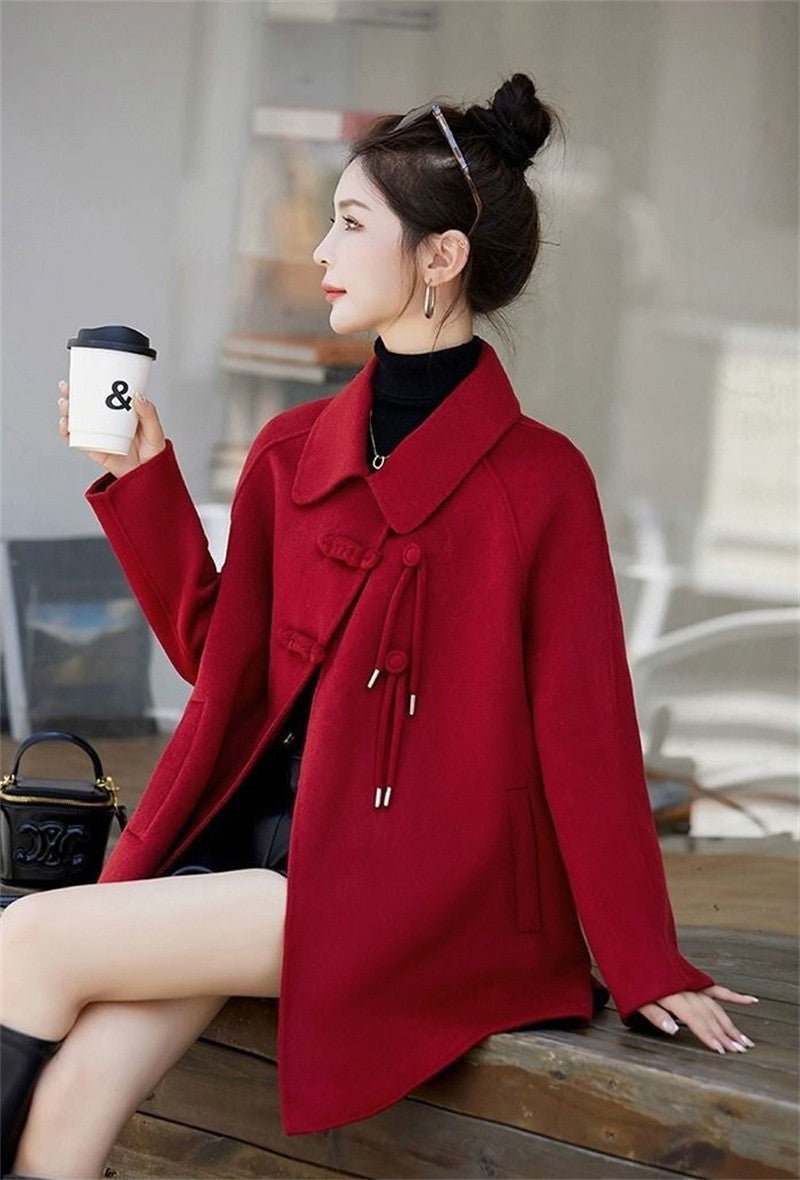 High Quality Woolen Coat Women 2025 Autumn Winter New Cloak Long Wool Jacket Chinese Retro Buckle Ladies Overwear Korean Outcoat