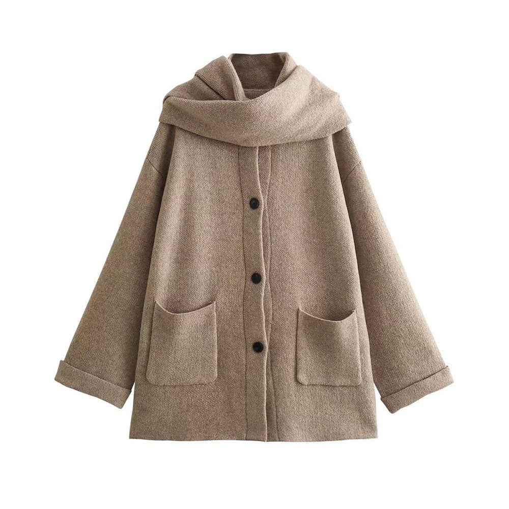 Women's Fashion Scarf Short Knit Coat Jacket Loose Warm Long Sleeve Two Pieces Solid Color High Street O-Neck Outerwear