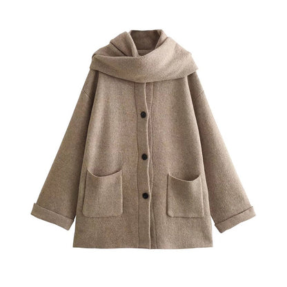 Women's Fashion Scarf Short Knit Coat Jacket Loose Warm Long Sleeve Two Pieces Solid Color High Street O-Neck Outerwear