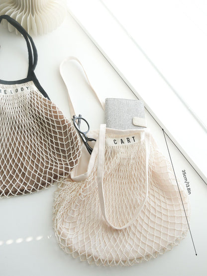 1PCS Personalised Name Mesh organic Cotton Bag with Long handle Reusable Washable Beach Bag Organizer for Shopping Grocery Bag