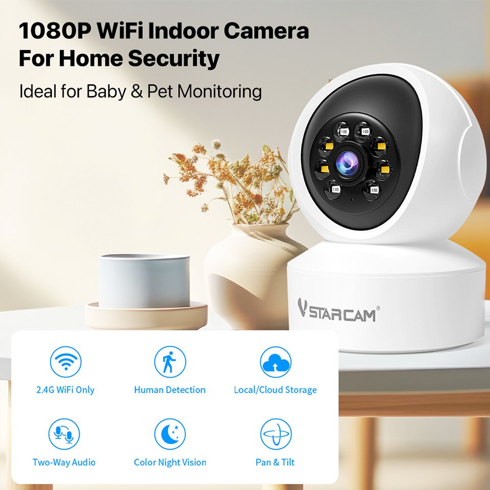 Câmera de Segurança Interna Vstarcam para Casa Cobertura 360° Visão Noturna Colorida Áudio Bidirecional Detecção de Movimento Zona Personalizável