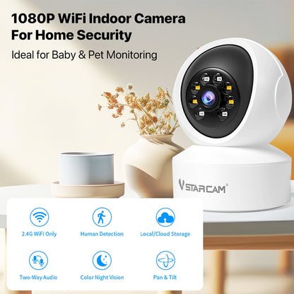 Câmera de Segurança Interna Vstarcam para Casa Cobertura 360° Visão Noturna Colorida Áudio Bidirecional Detecção de Movimento Zona Personalizável
