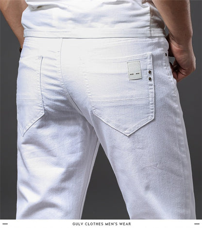 Calça Jeans Masculina Branca Casual Clássica Slim Fit Macia Marca Masculina Avançada Stretch