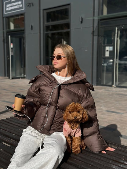 Women Brown Hooded Cotton Coat Fashion Lapel Full Sleeve Zipper Button Warm Loose Short Coats Lady Winter Casual Street Outwear