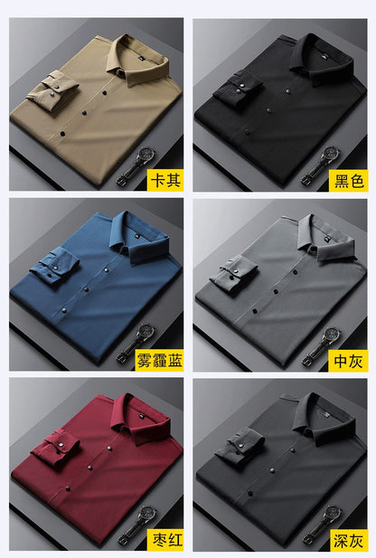 Stretch Elastic Stripe Men's Shirt Long Sleeve Classic Blouse Male Elegant Work Big Size Plus Large High Quality Ice Silk Social