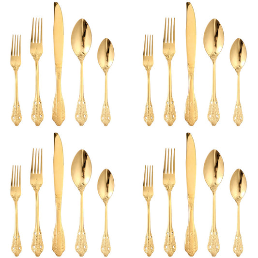 20Pcs High Quality Cutlery Set Handle Exquisite carving Stainless Steel Golden Tableware Knife Fork Spoon Flatware Set Silverwar