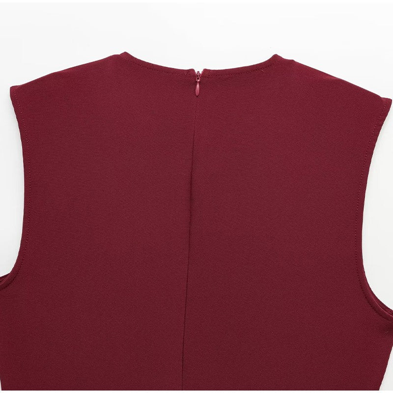 Elegant Midi Dress Woman O-neck Single Breasted Sleeveless Pocket Dresses Female