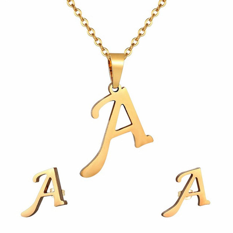 Conjunto Feminino de Colar e Brincos de Aço Inoxidável com Letra Inicial do Alfabeto A-Z - Joias Personalizadas de 26 Letras Inglesas - Presente