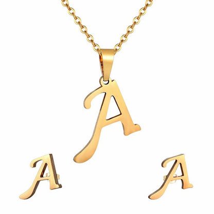 Conjunto Feminino de Colar e Brincos de Aço Inoxidável com Letra Inicial do Alfabeto A-Z - Joias Personalizadas de 26 Letras Inglesas - Presente