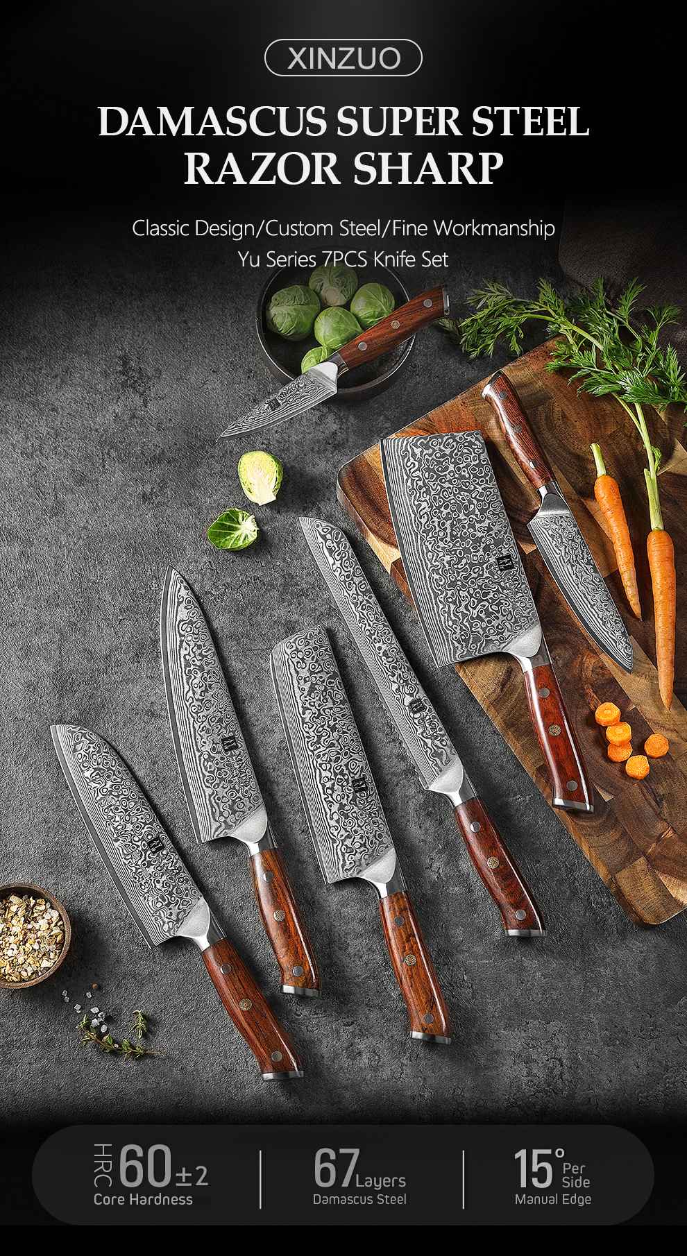 XINZUO 7PCS VG10 Damascus Steel Knife Set 67 Layers Rosewood Handle 60HRC Sharpness International Standard Gift Box Kitchen Tool