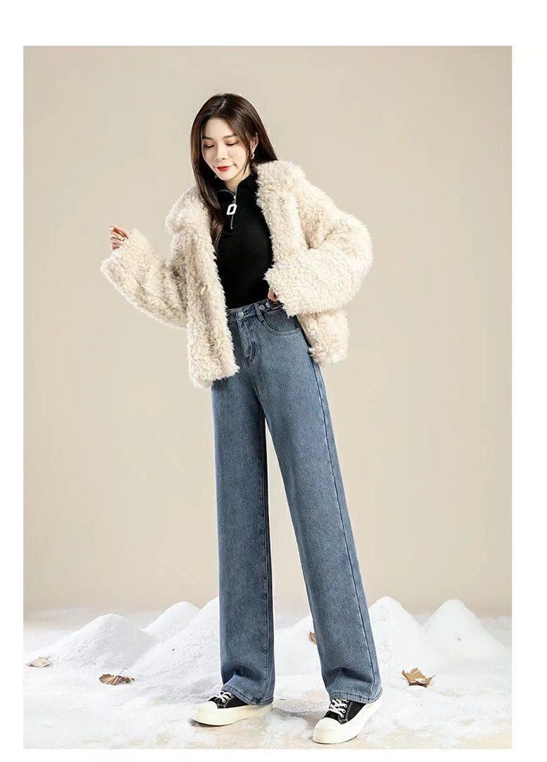 Thickened Fleece Lined Retro Women's Wide Leg Jeans Winter New Style Hong Kong Flavor Small Size Straight Cut Warm Trousers