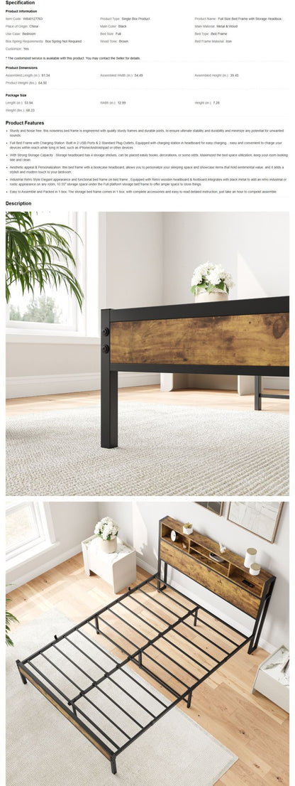 Full Size Bed Frame, Metal Platform Bed with Storage Headboard, Charging Station & Bookcase, No Box Spring Needed, Easy