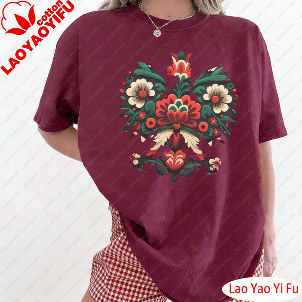 Polish Eagle Shirt Folk Art Christmas Design Clothes Botanical Flowers Tops Summer Women Retro Fashion Graphics Tees