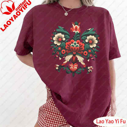Polish Eagle Shirt Folk Art Christmas Design Clothes Botanical Flowers Tops Summer Women Retro Fashion Graphics Tees