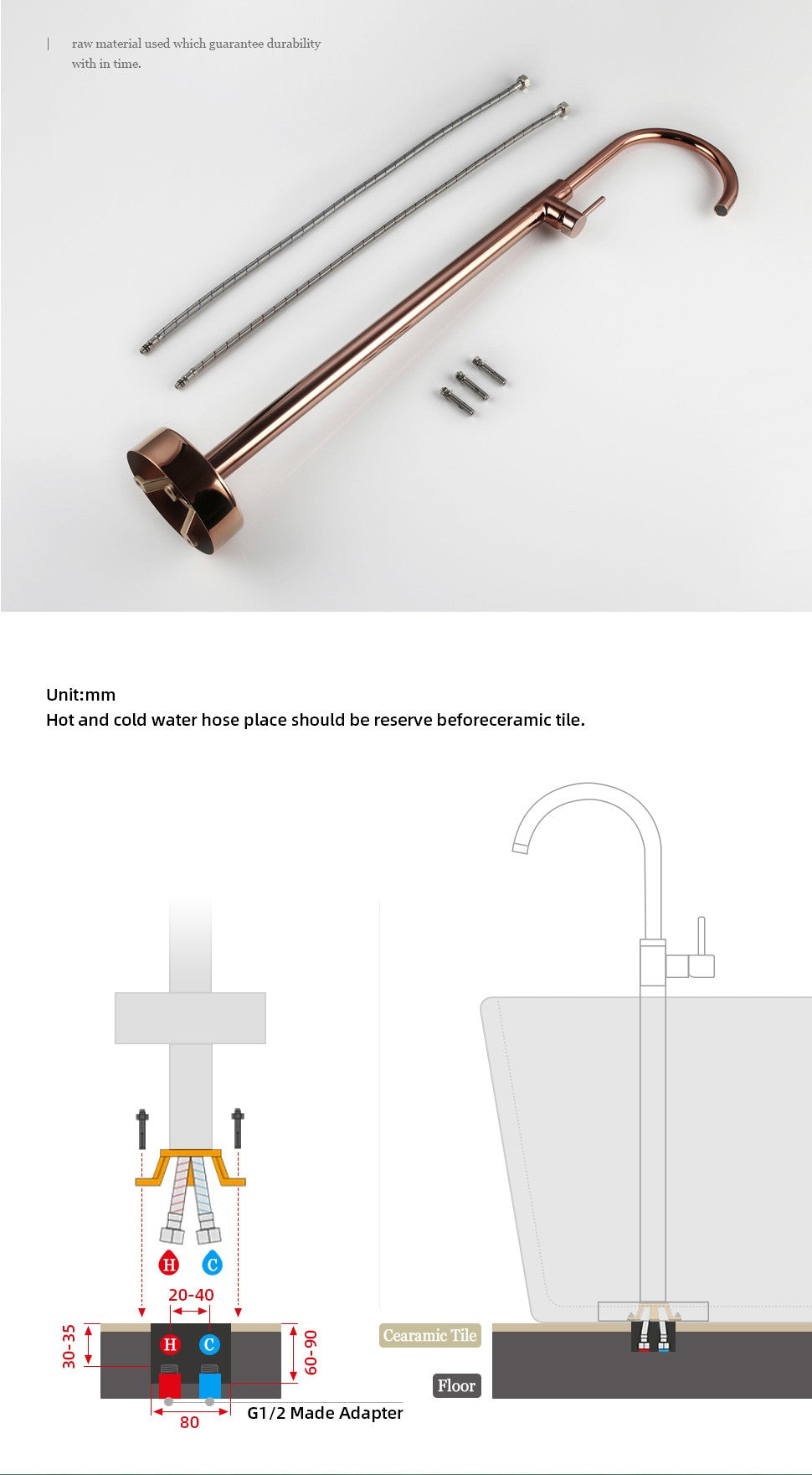 Bathroom Bathtub Floor Stand Faucet Rose Gold Mixer Single Handle Tap 360 Rotation Spout With Brass Hand Hot &Cold Water Shower