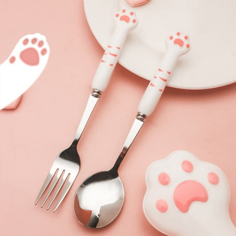 Conjunto de Talheres de Pata de Gato Fofa Garfo e Colher de Aço Inoxidável com Caixa de Armazenamento Louça Talheres Prata Acessórios para Almoço Bento