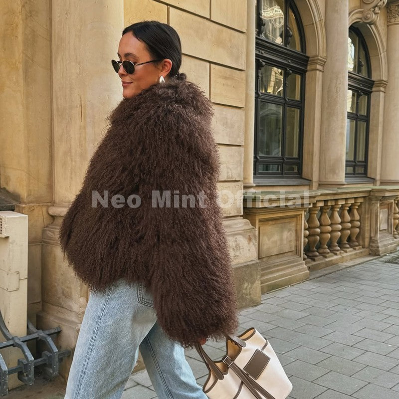 Neo Mint Iconic Blogger Fashion Faux Mongolia Sheep Fur Coat Women 2025 Winter Fluffy Warm Fur Jacket Chic Street Girl Outerwear