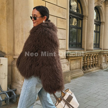 Neo Mint Iconic Blogger Fashion Faux Mongolia Sheep Fur Coat Women 2025 Winter Fluffy Warm Fur Jacket Chic Street Girl Outerwear