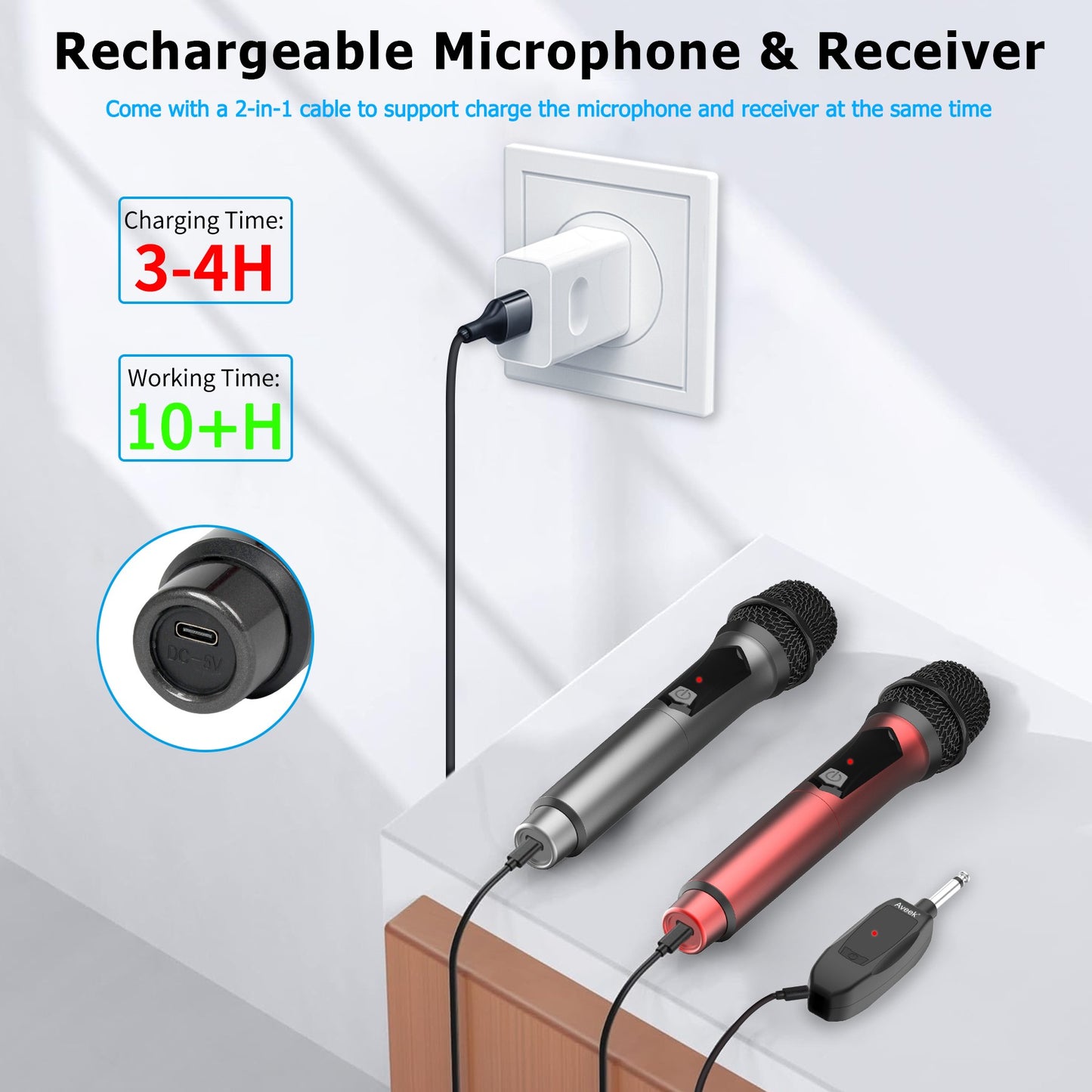 Microfone Sem Fio Aveek para Alto-falante e Máquina de Karaokê, Microfone de Karaokê Recarregável de 2.4GHz (Funciona por 10h), para Festas, 2 Pacotes