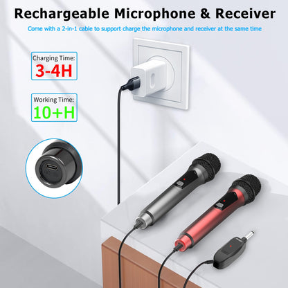 Microfone Sem Fio Aveek para Alto-falante e Máquina de Karaokê, Microfone de Karaokê Recarregável de 2.4GHz (Funciona por 10h), para Festas, 2 Pacotes