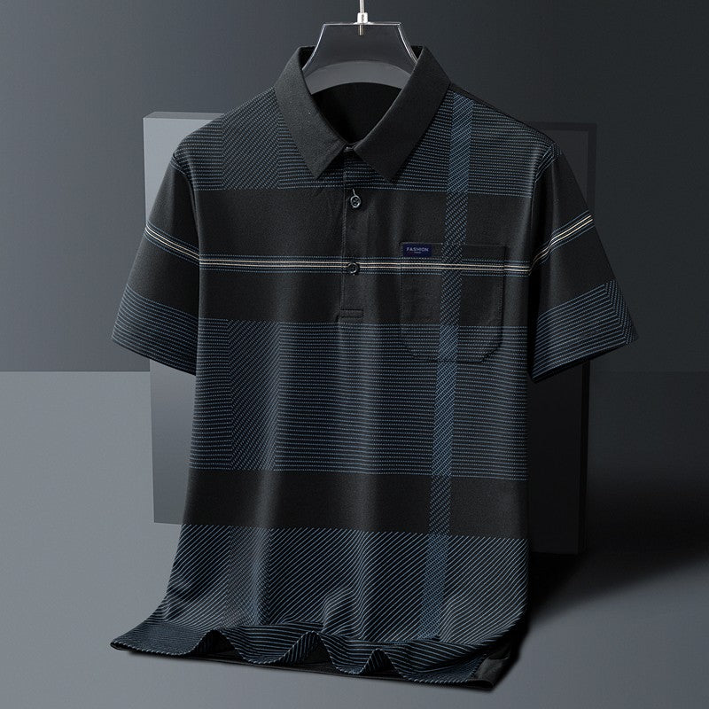Men's Short Sleeve Button Summer Pullover Striped Pockets T-shirt England Style Casual Formal Turn-down Collar Vacation Tops