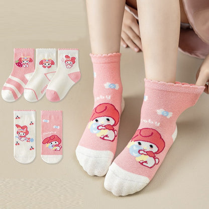 5 pares de meias de algodão de cano médio Kawaii Sanrio Cinnamoroll Kuromi para meninas e meninos, meias de algodão de cano médio de desenho animado para primavera e outono