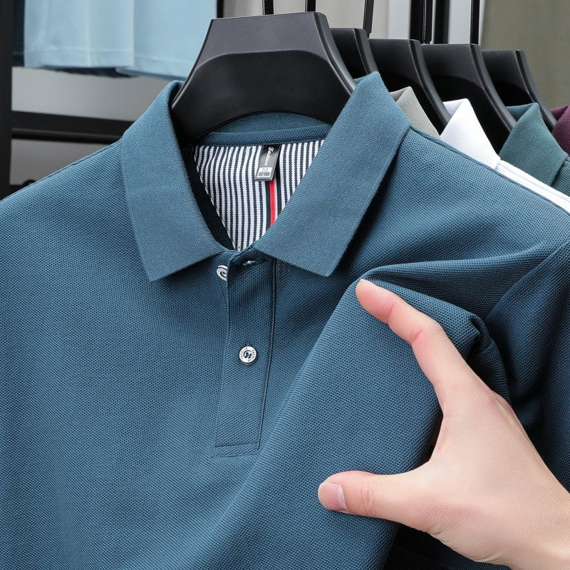 100% pure cotton short sleeved men's polo shirt summer boutique fashion high-quality top solid color collar back striped T-shirt